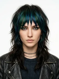 Layered wolf cut with teal-colored bangs.