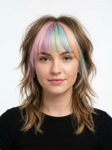 Wolf cut with soft pastel rainbow bangs.
