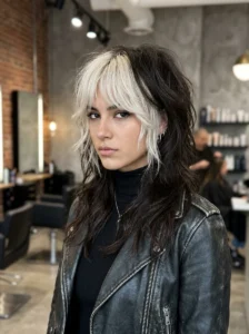 Dark wolf cut featuring platinum blonde bangs.