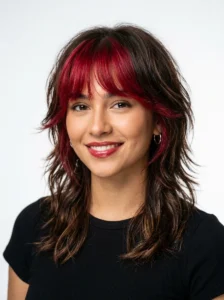 Wolf cut hairstyle with vibrant red bangs.