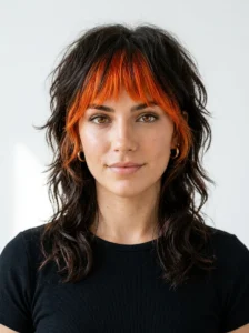 Wolf cut hairstyle featuring bright orange bangs.