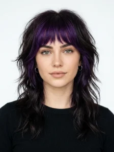Purple bangs on a layered wolf cut.