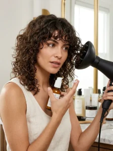Styling a curly shag haircut with curl cream and diffuser