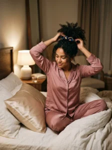 Pineapple hairstyle and satin pillowcase for protecting curls overnight