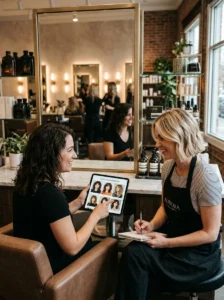 Consulting a hairstylist about a curly shag haircut
