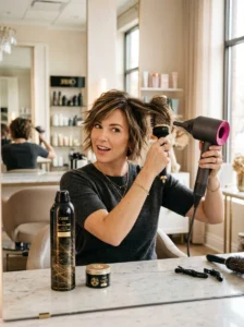 Styling a short shag haircut with bangs