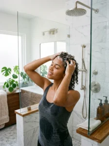 Washing curly hair gently with sulfate-free shampoo