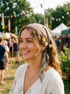 Festival hairstyle with a headscarf and flower hair accessories
