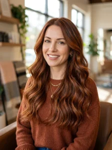 Warm copper and cinnamon hair color with soft waves