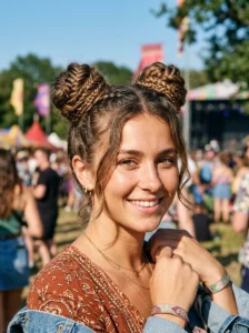 Braided space buns with loose face-framing strands