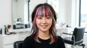 Woman with a layered wolf cut hairstyle featuring colorful bangs in multiple shades, modern trendy haircut inspiration.