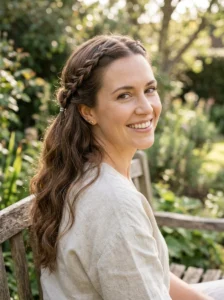 Easy braided half-up hairstyle on softly wavy hair