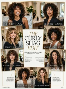 Curly shag haircut for different curl types and face shapes