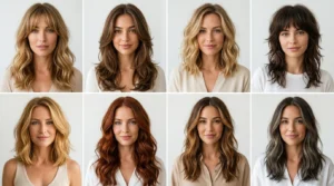 Popular Pinterest hair trends including curtain bangs, butterfly layers and textured lobs