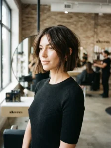 disconnected bob haircut with visible layered separation, glossy brunette hair, modern editorial salon photography