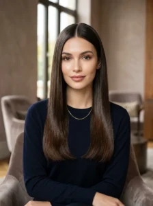 Sleek middle-part brunette hairstyle