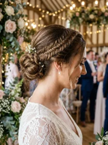 Loose textured bridesmaid bun with face-framing layers