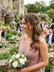 Half-up bridesmaid hairstyle with a statement braid wrap