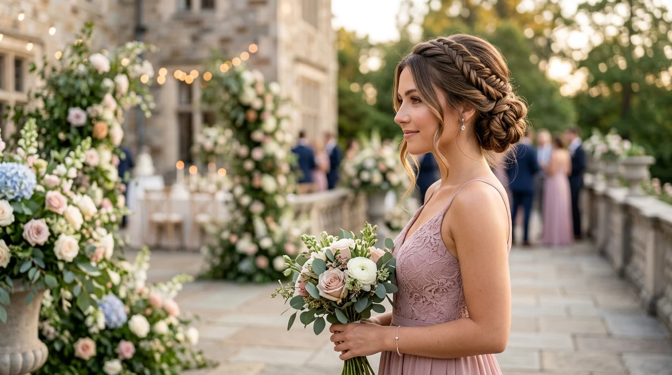 Bridesmaid wearing a secure low braided bun at a wedding