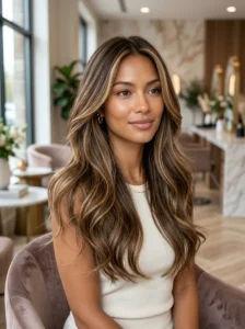 Long layered hair with balayage, face-framing highlights, and money-piece color