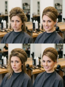 Proper beehive hairstyle compared with a collapsed style