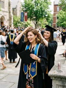 Graduate refreshing her hairstyle after removing the graduation cap