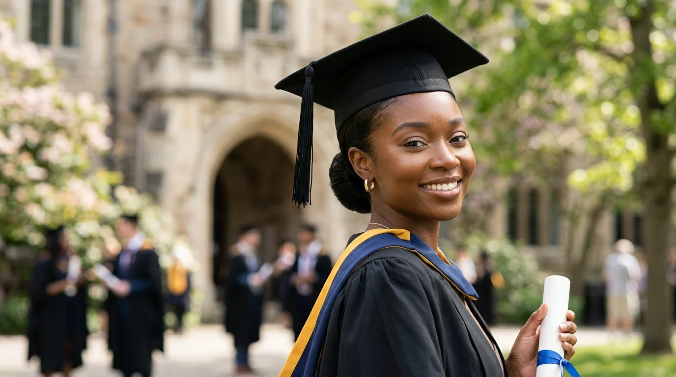 Graduate wearing a graduation cap with a sleek low bun hairstyle