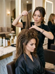 Hairstylist creating a beehive hairstyle step by step