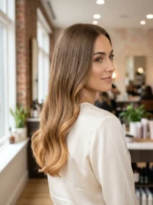 Soft caramel dip dye on light brown hair