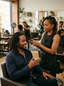 Man discussing nonchalant loc maintenance with a loctician