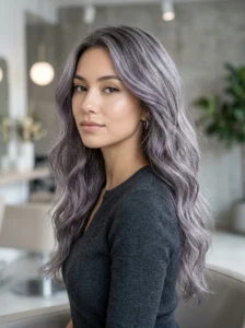 Smoky purple and grey blended hair color