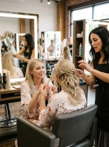 Bridesmaid discussing wedding hairstyle options with a stylist