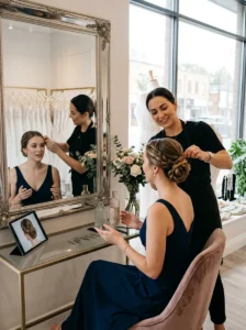 Bridesmaid dancing with a secure wedding hairstyle