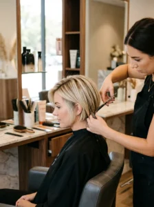 Short blonde haircut consultation about face shape, color, and maintenanc