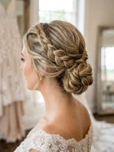 Structured wedding hairstyle with braids and secure pinned sections