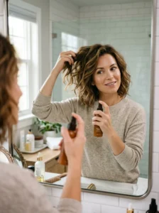 Styling a layered haircut with texturizing spray