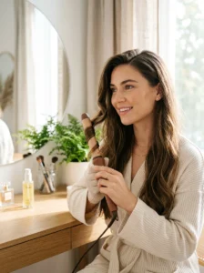 Quick hairstyle upgrade with front curls and a deep side part