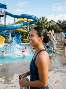 Tight low bun hairstyle for a waterpark