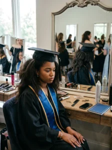 Friends checking a graduation cap hairstyle before the ceremony