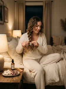 Night-before hair preparation with a loose braid and leave-in product