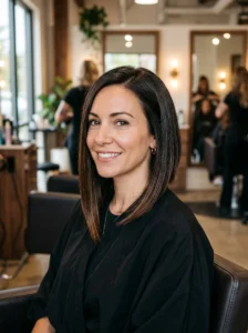 Freshly trimmed long angled bob with a defined diagonal shape