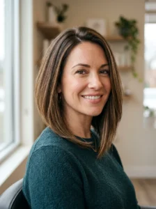Woman confidently wearing a natural long angled bob haircut