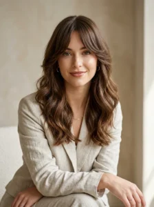 Curtain bangs with face-framing layers designed to complement face shape