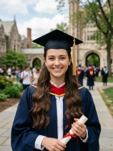 Loose waves with a flat pinned crown under a graduation cap