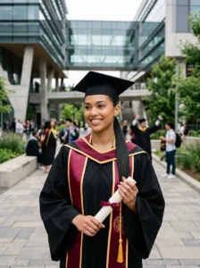 Slicked-back low ponytail worn with a graduation cap