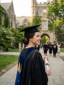 Elegant low chignon hairstyle worn with a graduation cap