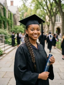 Graduate with a low braided ponytail under a graduation cap