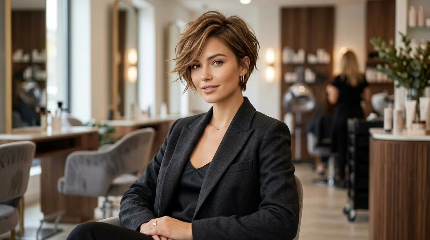Trendy bixie haircut combining the texture of a pixie cut with the length of a short bob.