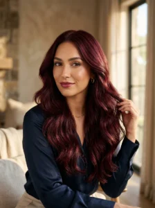 Long glossy burgundy hair with dimensional waves and a sophisticated bold color