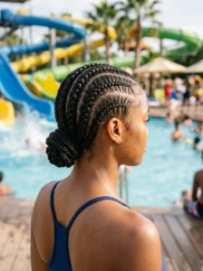 High ponytail with braided wrap for waterpark activities